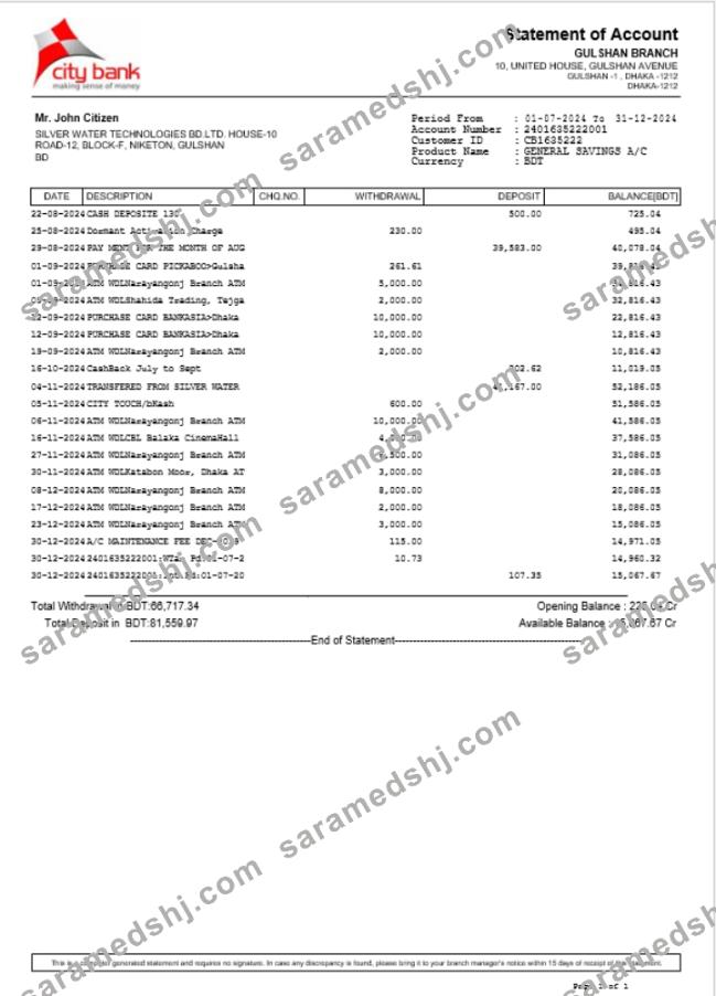 Bangladesh City Bank statement Word and PDF example